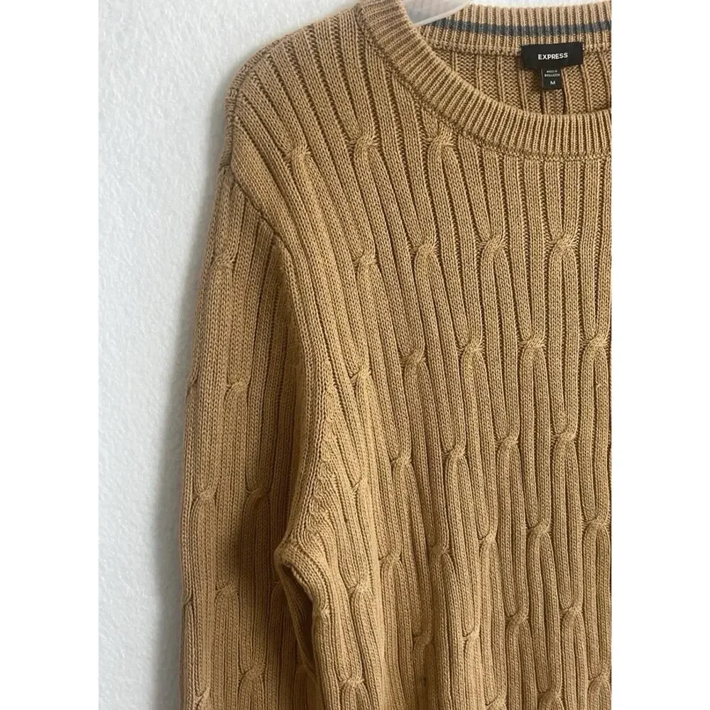 Express‎ Men's Braided Cable Knit Sweater Long Sleeves Crew Neck Pecan Color, L